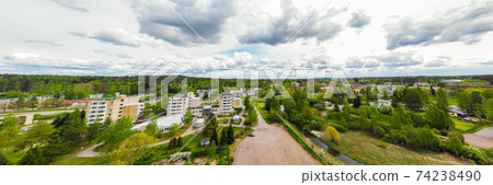 Aerial panoramic view of city Inkeroinen at river Kymijoki, Finland. Aerial panoramic view of city Inkeroinen at river Kymijoki, Finland. 74238490
