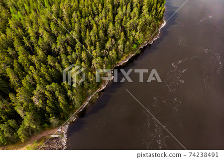 Aerial panoramic view of rapid Susikoski at river Kymijoki, Finland. 74238491