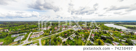Aerial panoramic view of city Inkeroinen at river Kymijoki, Finland. 74238497