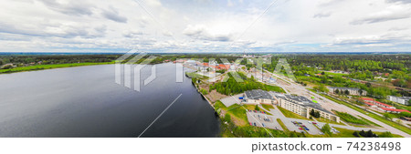 Aerial panoramic view of city Inkeroinen at river Kymijoki, Finland. Aerial panoramic view of city Inkeroinen at river Kymijoki, Finland. 74238498