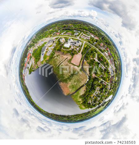 A three dimensional aerial panoramic view of city Inkeroinen at river Kymijoki, Finland. A three dimensional aerial panoramic view of city Inkeroinen at river Kymijoki, Finland. 74238503