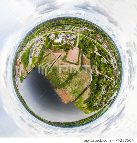 A three dimensional aerial panoramic view of city Inkeroinen at river Kymijoki, Finland. A three dimensional aerial panoramic view of city Inkeroinen at river Kymijoki, Finland. 74238504