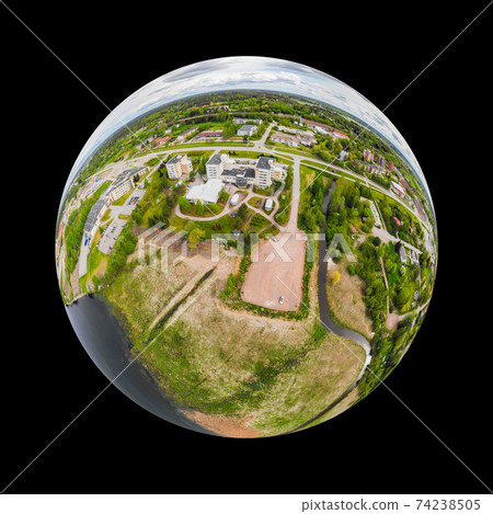 A three dimensional aerial panoramic view of city Inkeroinen at river Kymijoki, Finland. 74238505