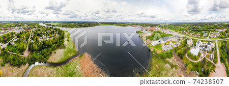 Aerial panoramic view of city Inkeroinen at river Kymijoki, Finland. Aerial panoramic view of city Inkeroinen at river Kymijoki, Finland. 74238507