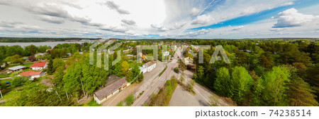 Aerial panoramic view of city Inkeroinen at river Kymijoki, Finland. Aerial panoramic view of city Inkeroinen at river Kymijoki, Finland. 74238514