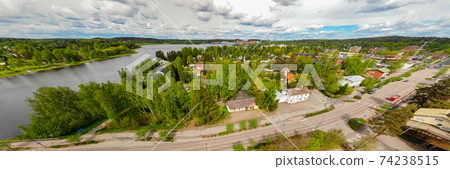 Aerial panoramic view of city Inkeroinen at river Kymijoki, Finland. 74238515