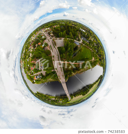 A three dimensional aerial panoramic view of city Inkeroinen at river Kymijoki, Finland. A three dimensional aerial panoramic view of city Inkeroinen at river Kymijoki, Finland. 74238583