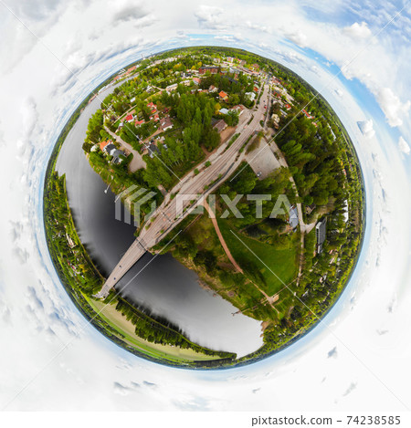 A three dimensional aerial panoramic view of city Inkeroinen at river Kymijoki, Finland. A three dimensional aerial panoramic view of city Inkeroinen at river Kymijoki, Finland. 74238585