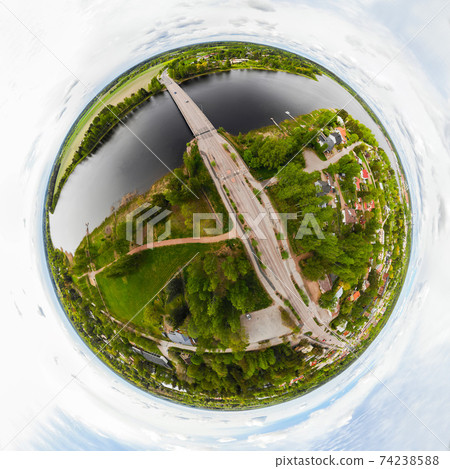 A three dimensional aerial panoramic view of city Inkeroinen at river Kymijoki, Finland. 74238588