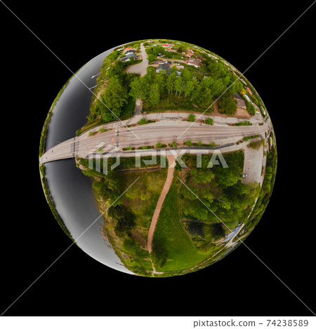 A three dimensional aerial panoramic view of city Inkeroinen at river Kymijoki, Finland. A three dimensional aerial panoramic view of city Inkeroinen at river Kymijoki, Finland. 74238589