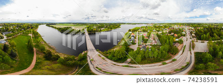 Aerial panoramic view of city Inkeroinen at river Kymijoki, Finland. Aerial panoramic view of city Inkeroinen at river Kymijoki, Finland. 74238591