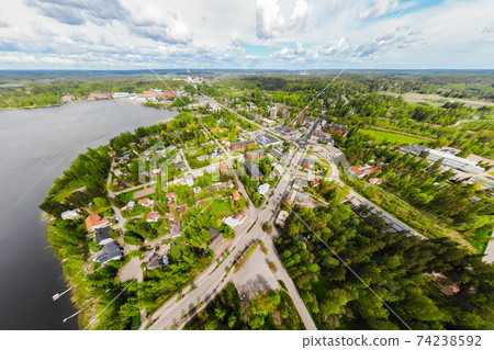 Aerial panoramic view of city Inkeroinen at river Kymijoki, Finland. Aerial panoramic view of city Inkeroinen at river Kymijoki, Finland. 74238592