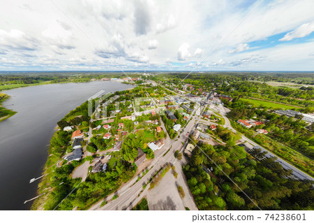 Aerial panoramic view of city Inkeroinen at river Kymijoki, Finland. Aerial panoramic view of city Inkeroinen at river Kymijoki, Finland. 74238601