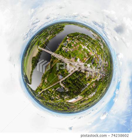 A three dimensional aerial panoramic view of city Inkeroinen at river Kymijoki, Finland. A three dimensional aerial panoramic view of city Inkeroinen at river Kymijoki, Finland. 74238602