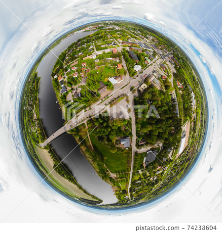 A three dimensional aerial panoramic view of city Inkeroinen at river Kymijoki, Finland. A three dimensional aerial panoramic view of city Inkeroinen at river Kymijoki, Finland. 74238604