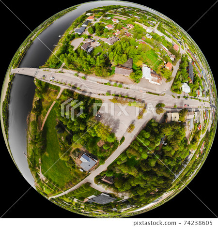 A three dimensional aerial panoramic view of city Inkeroinen at river Kymijoki, Finland. A three dimensional aerial panoramic view of city Inkeroinen at river Kymijoki, Finland. 74238605