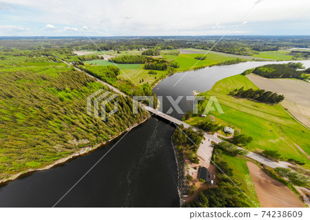Aerial panoramic view of rapid Susikoski at river Kymijoki, Finland. Aerial panoramic view of rapid Susikoski at river Kymijoki, Finland. 74238609