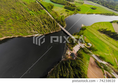 Aerial panoramic view of rapid Susikoski at river Kymijoki, Finland. Aerial panoramic view of rapid Susikoski at river Kymijoki, Finland. 74238610
