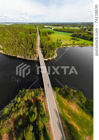 Aerial panoramic view of rapid Susikoski at river Kymijoki, Finland. Aerial panoramic view of rapid Susikoski at river Kymijoki, Finland. 74238630