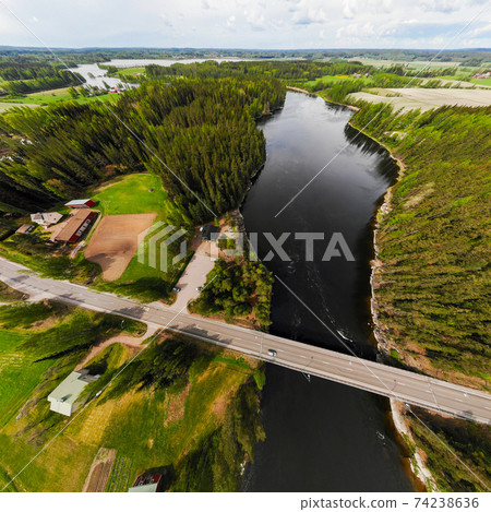 Aerial panoramic view of rapid Susikoski at river Kymijoki, Finland. Aerial panoramic view of rapid Susikoski at river Kymijoki, Finland. 74238636
