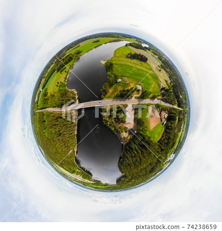 A three dimensional aerial panoramic view of rapid Susikoski at river Kymijoki, Finland, in a mini planet panorama style. 74238659