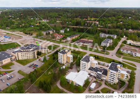Aerial panoramic view of city Inkeroinen in Finland. Aerial panoramic view of city Inkeroinen in Finland. 74238665