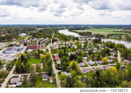 Aerial panoramic view of city Inkeroinen at river Kymijoki, Finland. Aerial panoramic view of city Inkeroinen at river Kymijoki, Finland. 74238672