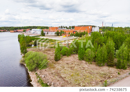 Aerial panoramic view of city Inkeroinen at river Kymijoki, Finland. Aerial panoramic view of city Inkeroinen at river Kymijoki, Finland. 74238675