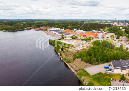 Aerial panoramic view of city Inkeroinen at river Kymijoki, Finland. Aerial panoramic view of city Inkeroinen at river Kymijoki, Finland. 74238683