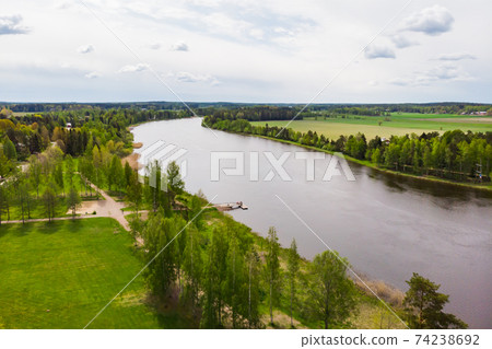 Aerial panoramic view of city Inkeroinen at river Kymijoki, Finland. Aerial panoramic view of city Inkeroinen at river Kymijoki, Finland. 74238692