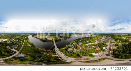 Aerial panoramic view of city Inkeroinen at river Kymijoki, Finland. 74238701