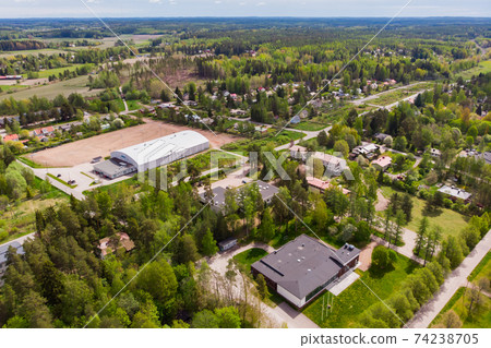Aerial panoramic view of city Inkeroinen in Finland. Aerial panoramic view of city Inkeroinen in Finland. 74238705