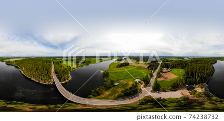 Aerial panoramic view of rapid Susikoski at river Kymijoki, Finland. Aerial panoramic view of rapid Susikoski at river Kymijoki, Finland. 74238732