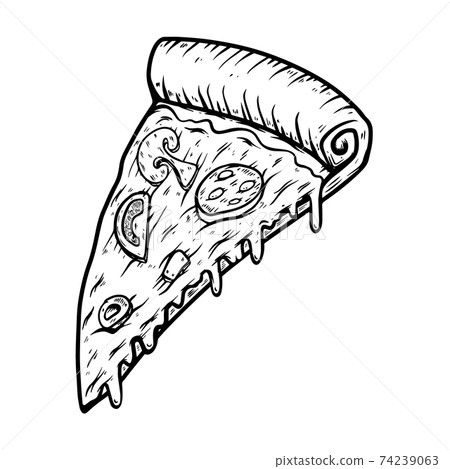Hand drawn illustration of cut of pizza isolated on white background. Design element for poster, card, banner, t shirt, emblem, sign. Vector illustration 74239063