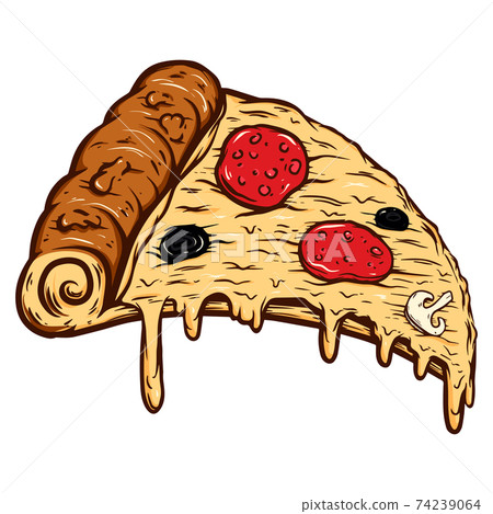 Hand drawn illustration of cut of pizza isolated on white background. Design element for poster, card, banner, t shirt, emblem, sign. Vector illustration 74239064