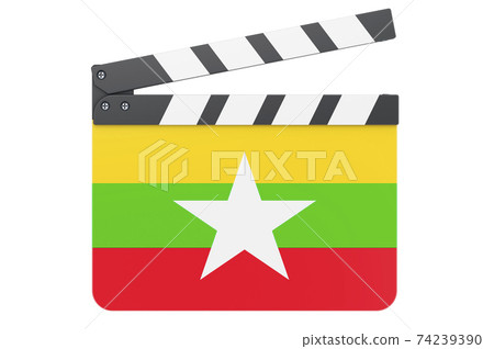 Movie clapperboard with Myanmar flag, film industry concept. 3D rendering Movie clapperboard with Myanmar flag, film industry concept. 3D rendering 74239390