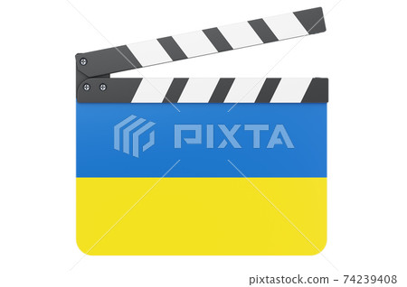 Movie clapperboard with Ukrainian flag, film industry concept. 3D rendering 74239408