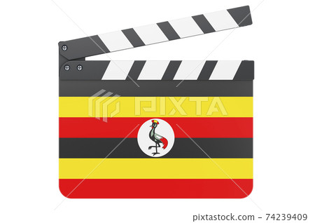 Movie clapperboard with Ugandan flag, film industry concept. 3D rendering 74239409