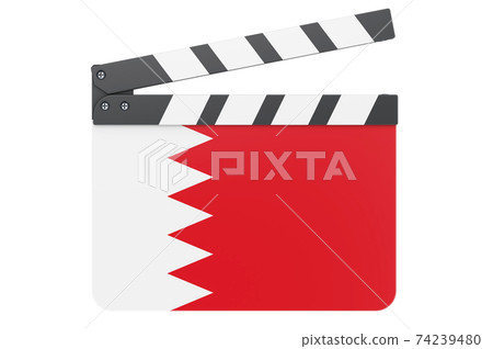 Movie clapperboard with Bahraini flag, film industry concept. 3D rendering Movie clapperboard with Bahraini flag, film industry concept. 3D rendering 74239480