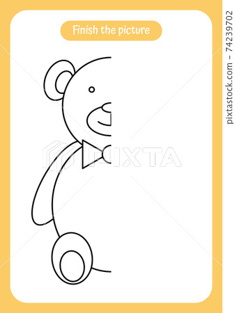 Finish the picture of teddy bear. Educational game for children. Handwriting and drawing practice. Toys theme activity for toddlers, kids. 74239702