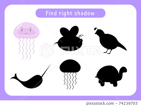 Worksheet find right shadow. Educational game for children. Trains attention and concentration. Worksheet find right shadow. Educational game for children. Trains attention and concentration. 74239703