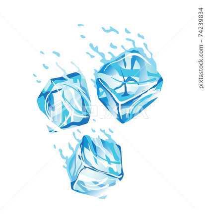 Water ice cube icon. Frozen melting water particles. Set of three translucent ice cubes in blue colors. Realistic blue solid water Water ice cube icon. Frozen melting water particles. Set of three translucent ice cubes in blue colors. Realistic blue solid water 74239834
