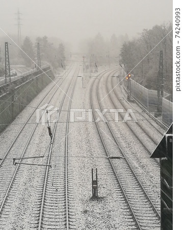 Track systems from above in Winter time in the snow 74240993