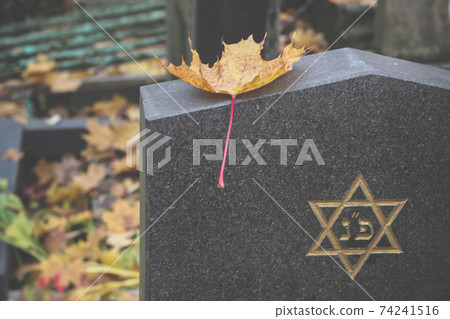 A yellow Maple Leaf is lying on gravestone with the star of David symbol. Jewish cemetery background A yellow Maple Leaf is lying on gravestone with the star of David symbol. Jewish cemetery background 74241516