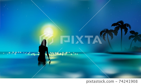 Beautiful seascape, female silhouette. Girl touching water surface. Woman standing in sea.  74241908