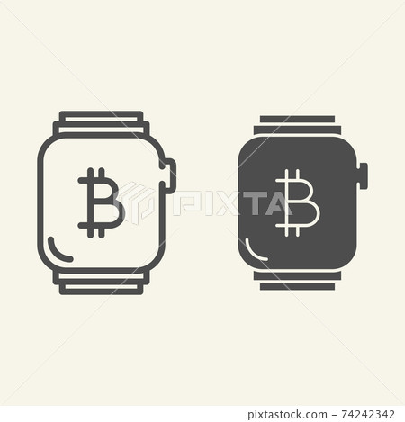 Smart watch with bitcoin line and glyph icon. Bitcoin on wristwatch vector illustration isolated on white. Electronic wristwatch with crypto sign outline style design, designed for web and app. Eps 10 74242342