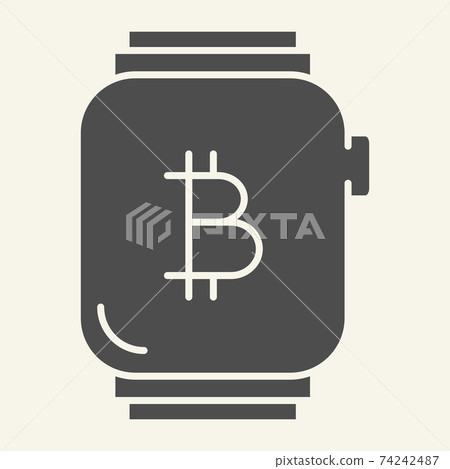 Smart watch with bitcoin solid icon. Bitcoin on wristwatch vector illustration isolated on white. Electronic wristwatch with crypto sign glyph style design, designed for web and app. Eps 10. 74242487