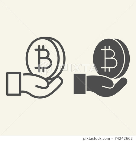 Open hand with bitcoin line and glyph icon. Palm with cryptocurrency vector illustration isolated on white. Crypto coin in arm outline style design, designed for web and app. Eps 10. 74242662