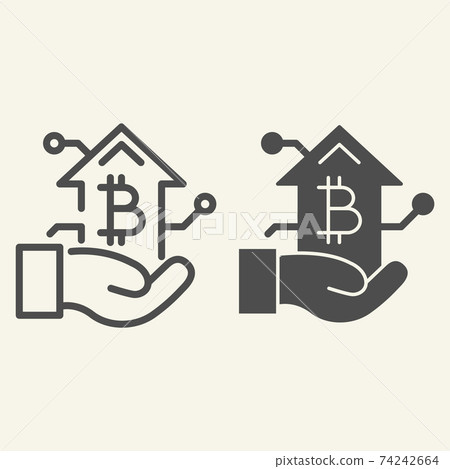 Bitcoin growth chart in hand line and glyph icon. Arm with cryptocurrency graph vector illustration isolated on white. Cryptocurrency increase outline style design, designed for web and app. Eps 10. 74242664