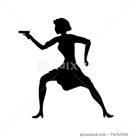 Abstract silhouette firing girl, female isolated silhouette. Beautiful woman spy in shootout. Abstract silhouette firing girl, female isolated silhouette. Beautiful woman spy in shootout. 74242930